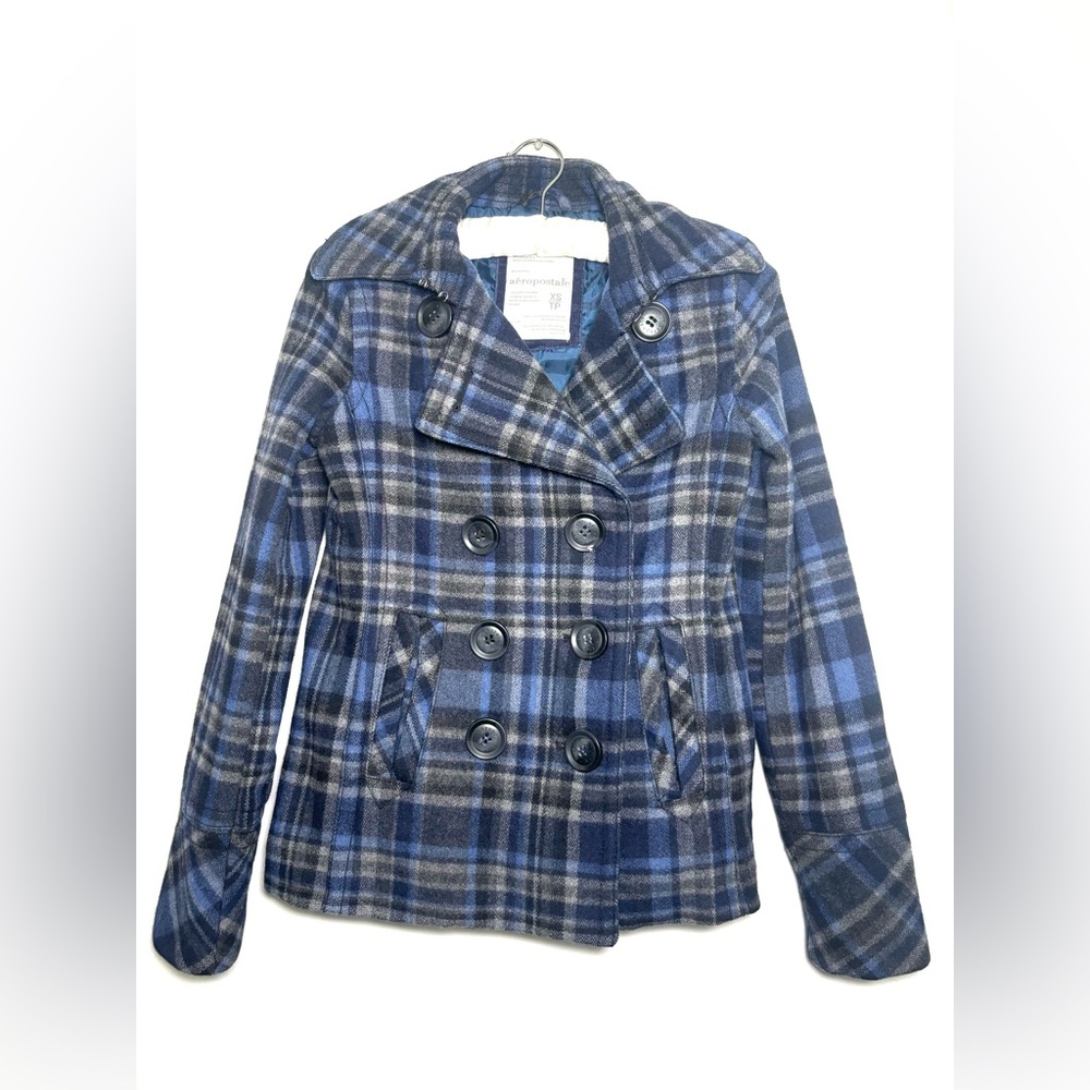 Aeropostale Y2K Wool Blend Plaid Pea Coat Blue Gray Double Breasted Women’s XS